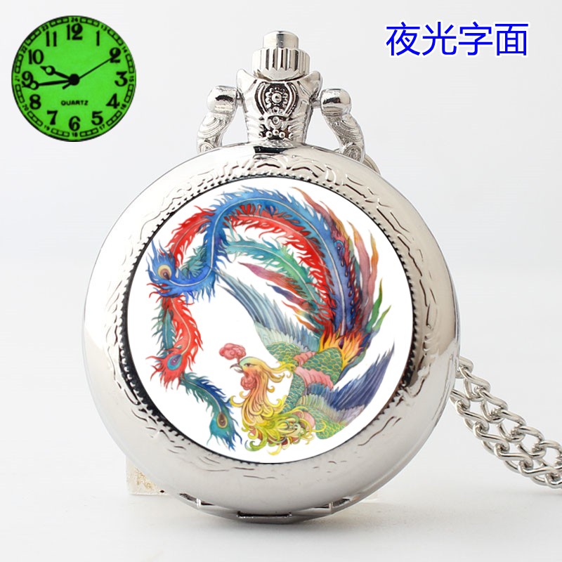 中国风凤凰复古龙夜光怀表翻盖麒麟神兽时钟项链表石英时尚礼物表