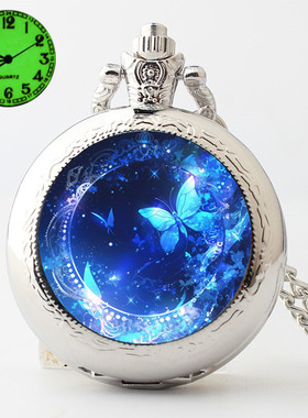 夜光新款儿童小怀表女孩学生百搭挂链表梦幻蝴蝶蓝色唯美星空项链