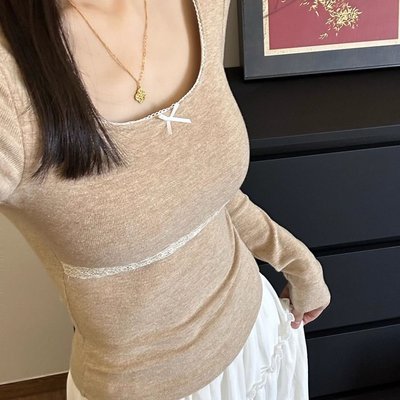 260克人棉带胸垫 蕾丝花边长袖打底上衣2025新款