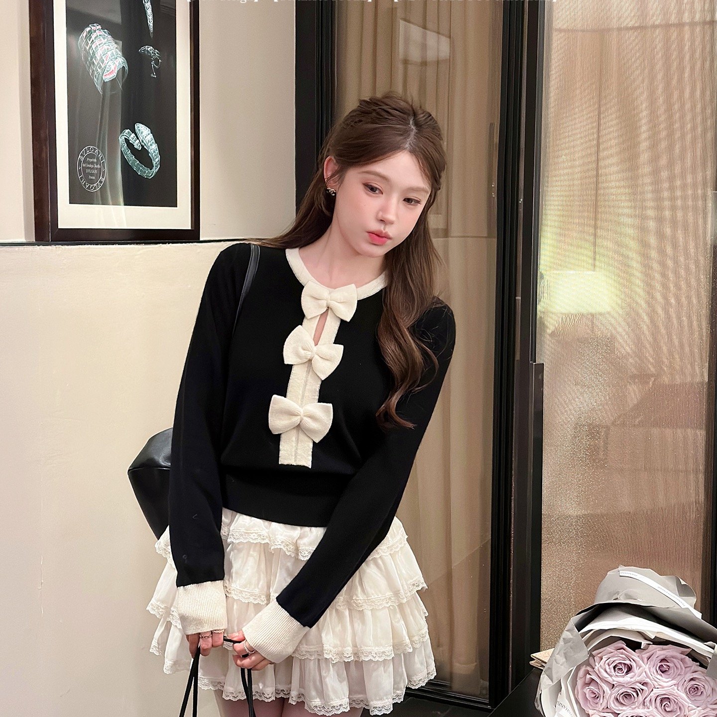 杨小卷1OO羊毛小香风撞色立体蝴蝶结针织上衣黑色miu系千金感小衫