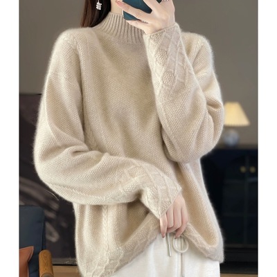半高领100纯羊毛衫女加厚复古提花针织打底衫宽松慵懒大码羊绒衫