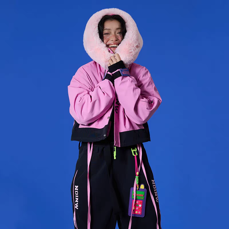 FreeSpin新款no1nw滑雪服背带雪裤粉色毛绒帽短款上衣套装单双板