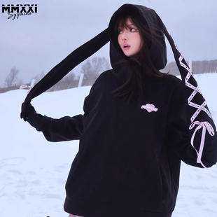 FreeSpin新款MMXXi黑粉滑雪服女卫衣防水宽松上衣可爱兔耳朵帽衫