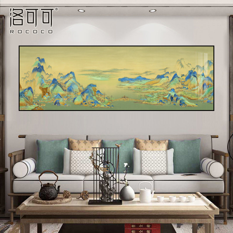 新中式客厅装饰画卧室床头山水画沙发背景墙画横款千里江山图挂画_虎窝淘
