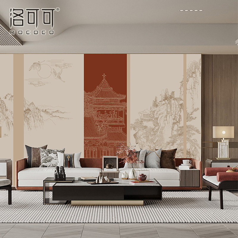 新中式山水楼阁墙布客厅壁布酒店饭店包厢装饰背景墙纸3d浮雕壁纸
