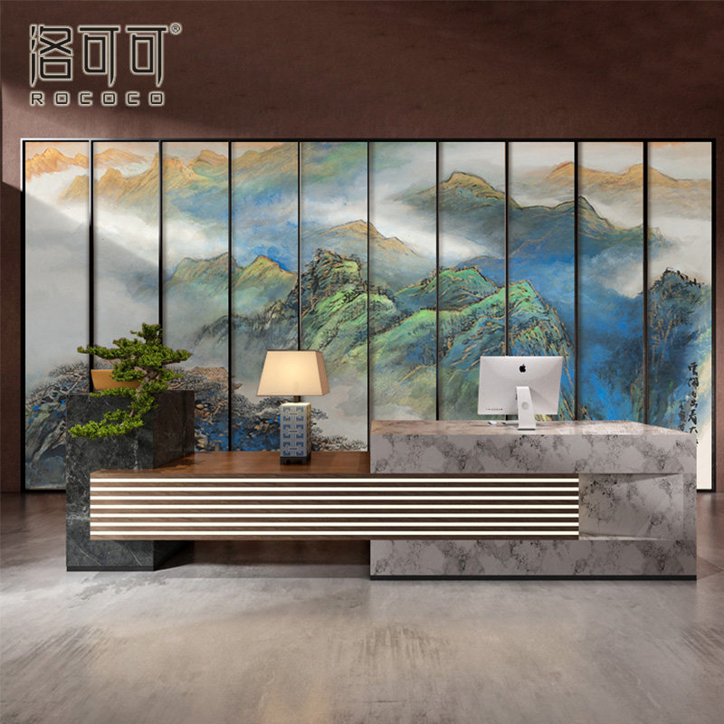 新中式泼墨山水壁画火锅店风景背景墙纸饭店餐饮前台彩绘装修墙布