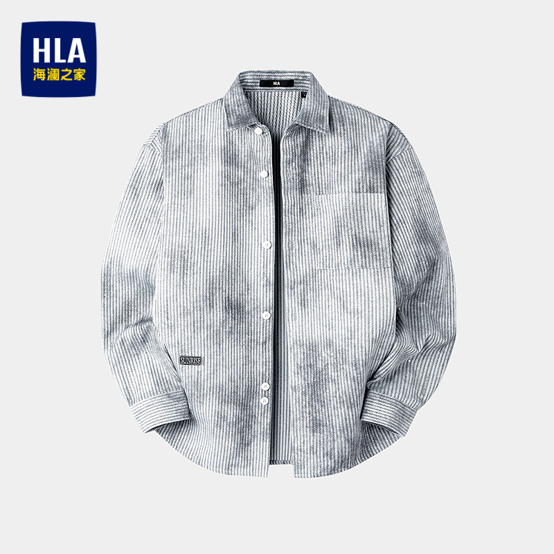 HLA/海澜之家撞色印花衬衫2026秋季新款竖纹保暖宽松休闲风长袖男