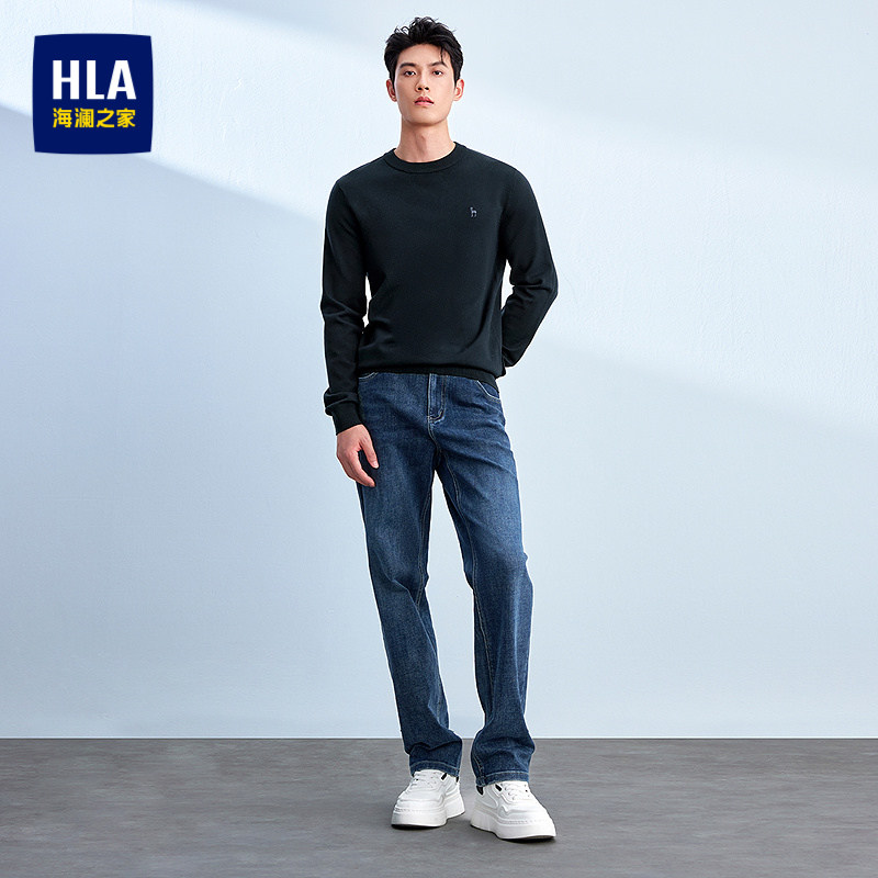 HLA/海澜之家休闲长袖针织衫26秋季新圆领套头薄款时尚刺绣上衣男