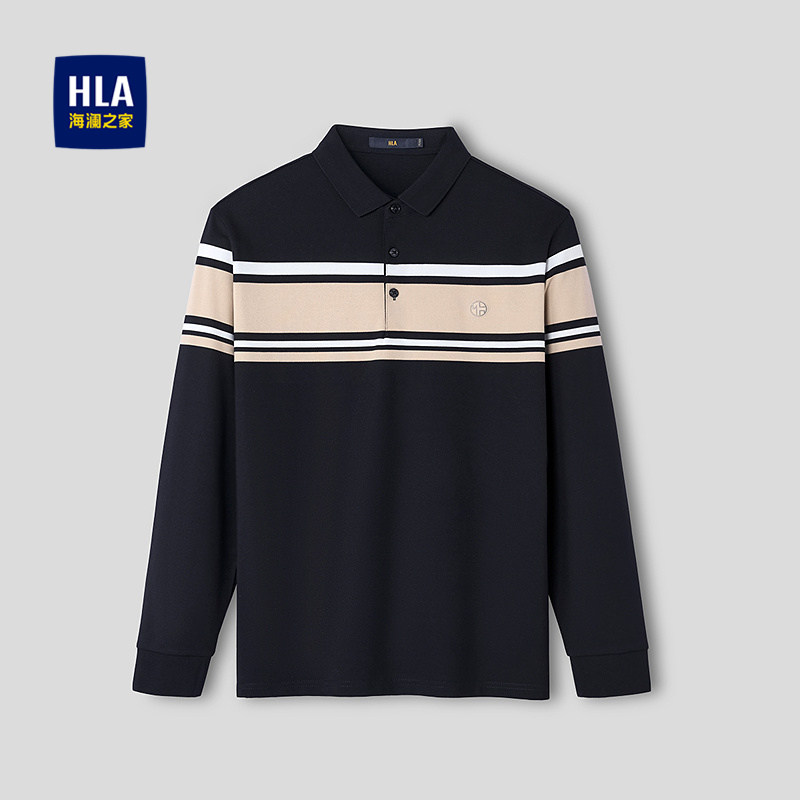 HLA/海澜之家撞色条纹休闲长袖POLO衫2026新款微弹立体印