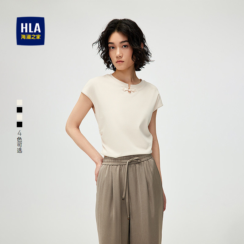 HLA/海澜之家修身短袖立领T恤春夏季新中式盘扣小飞袖短t女装