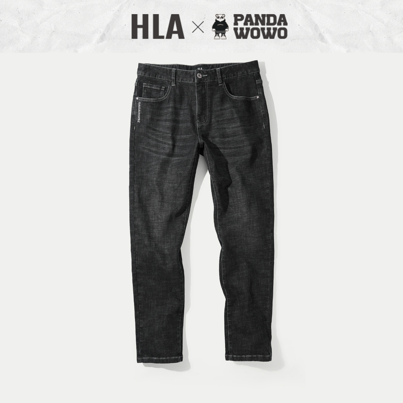 HLA/海澜之家panda wowo熊猫牛仔裤23秋季耐磨宽松窄脚黑牛裤子男