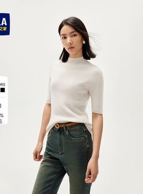 【纯羊毛】HLA/海澜之家短袖针织衫秋新款半高领黑色套头毛衣女装