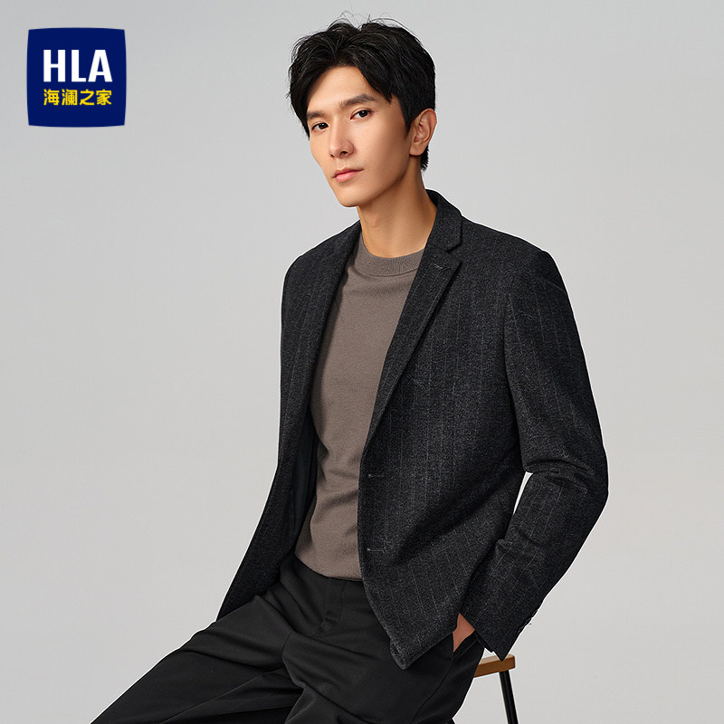 HLA/海澜之家绒感弹力休闲西服男秋冬时尚条纹西装有型外套男
