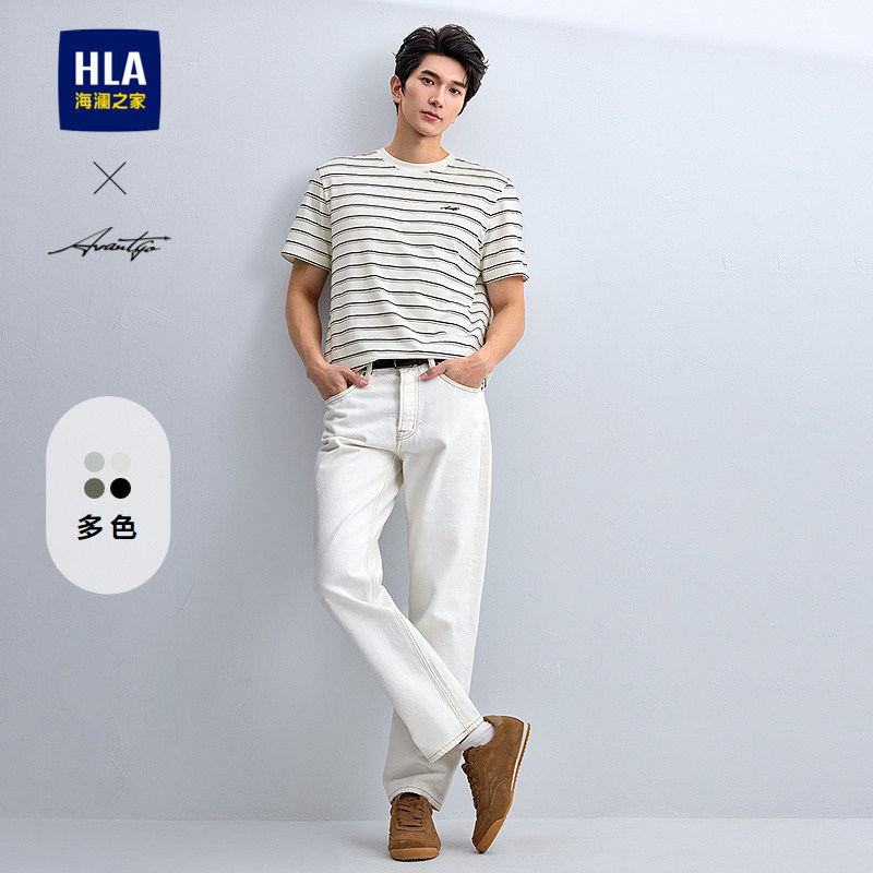 HLA/海澜之家轻商务时尚系列26春夏新圆领印花针织条纹短袖T恤男