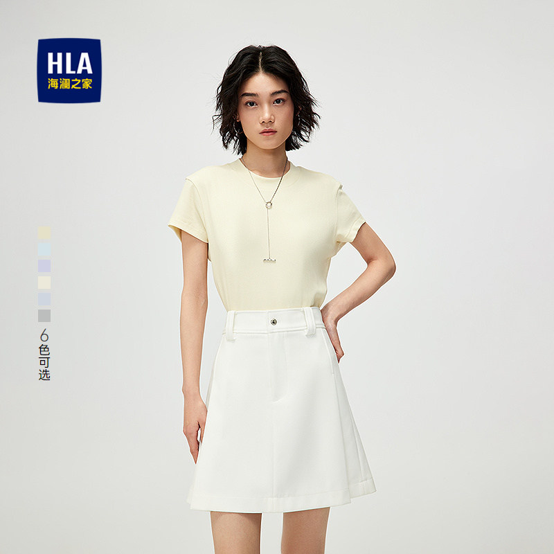 HLA/海澜之家黑色圆领直筒短袖T恤春夏新休闲时尚弹力上衣女装