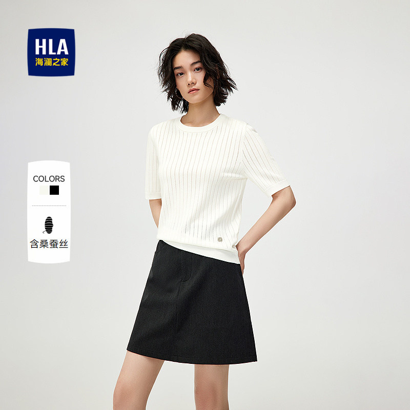 【含桑蚕丝】HLA/海澜之家轻薄短袖针织衫25春夏新含羊毛毛衣女