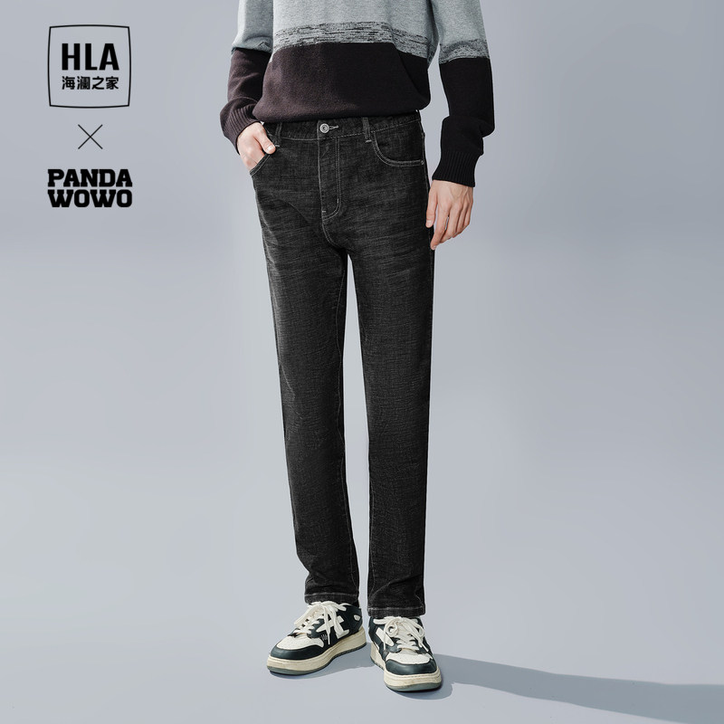 HLA/海澜之家panda wowo熊猫牛仔裤23秋季新款宽松窄脚黑牛裤子男