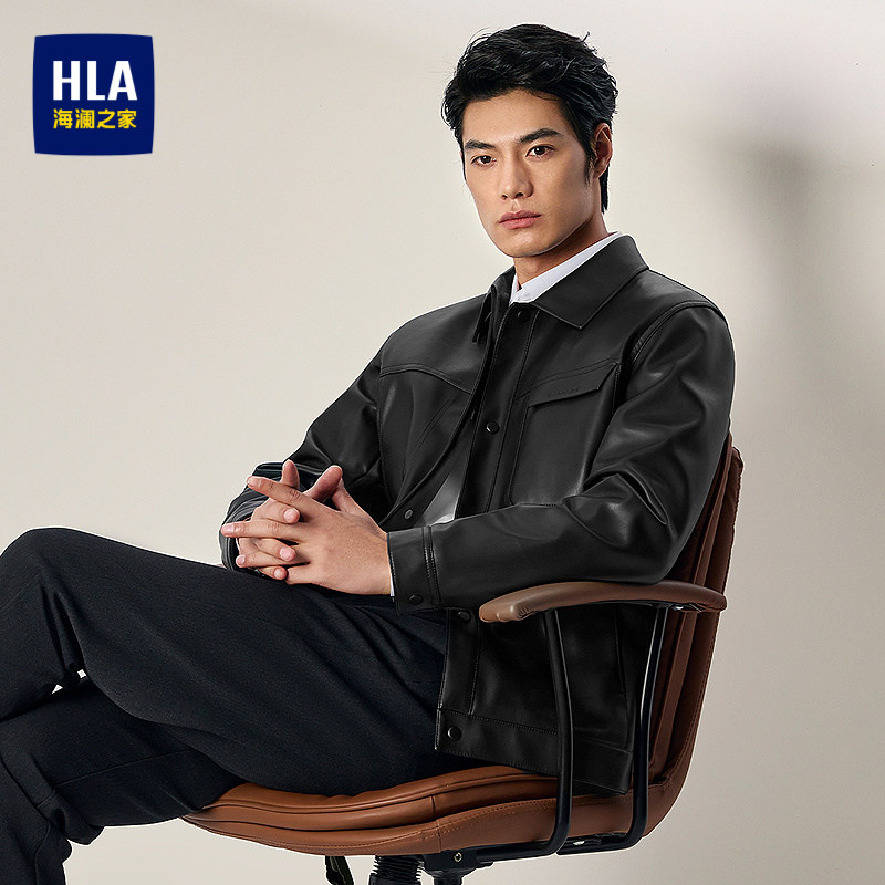 HLA/海澜之家翻领PU皮革夹克25秋冬新印花质感时尚厚皮衣外套男装