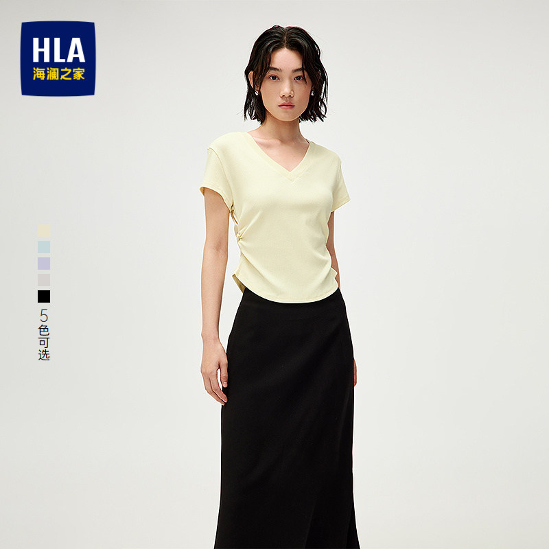 HLA/海澜之家休闲时尚短袖T恤春夏季新款V领微弹打底上衣女装