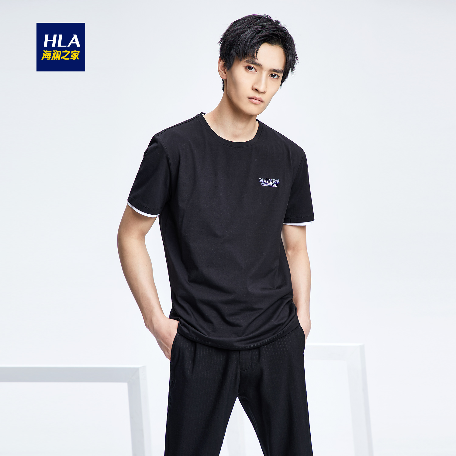 HLA/海澜之家舒适基础款圆领短袖T恤2018夏季新品简约纯色短T男