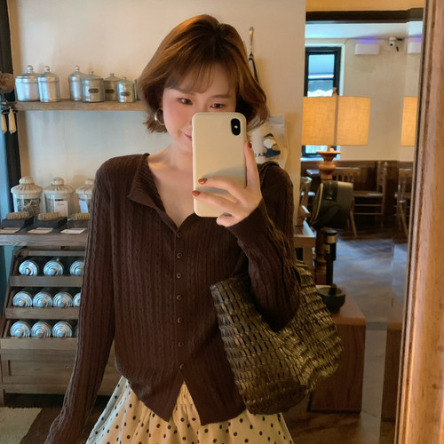 Flower April（FA）-翻领单排扣长袖毛衣上衣针织开衫96000不退换
