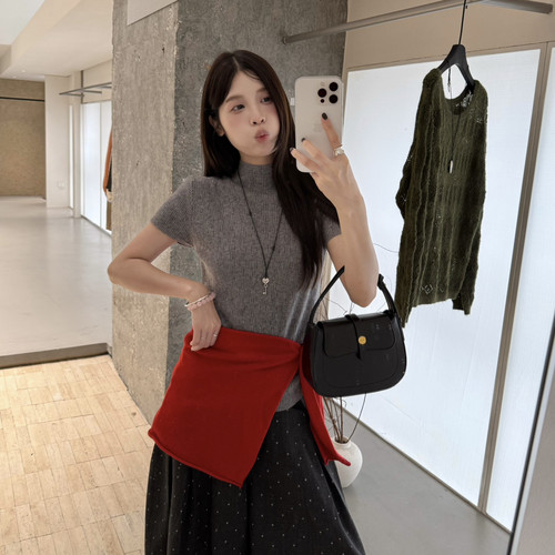 VI+（唯一家）-秋上新百搭彩点肌理感立领短袖针织衫T恤99080