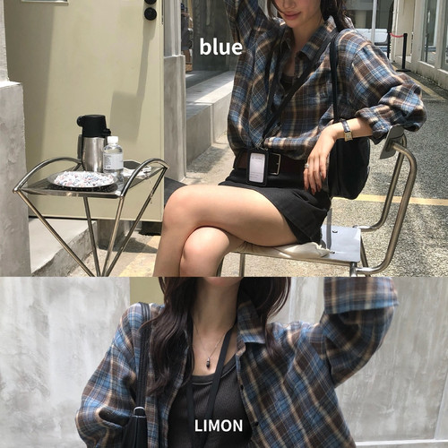 柠檬绿茶-秋上新慵懒松弛感格纹宽松显瘦衬衫11087
