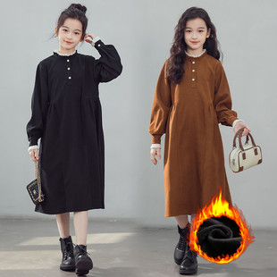 女童连衣裙秋冬新款 拼色森女洋气裙子 中大童灯芯绒复古宽松中长款