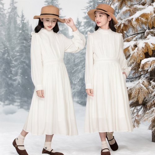 女童白色小立领连衣裙蕾丝边加厚