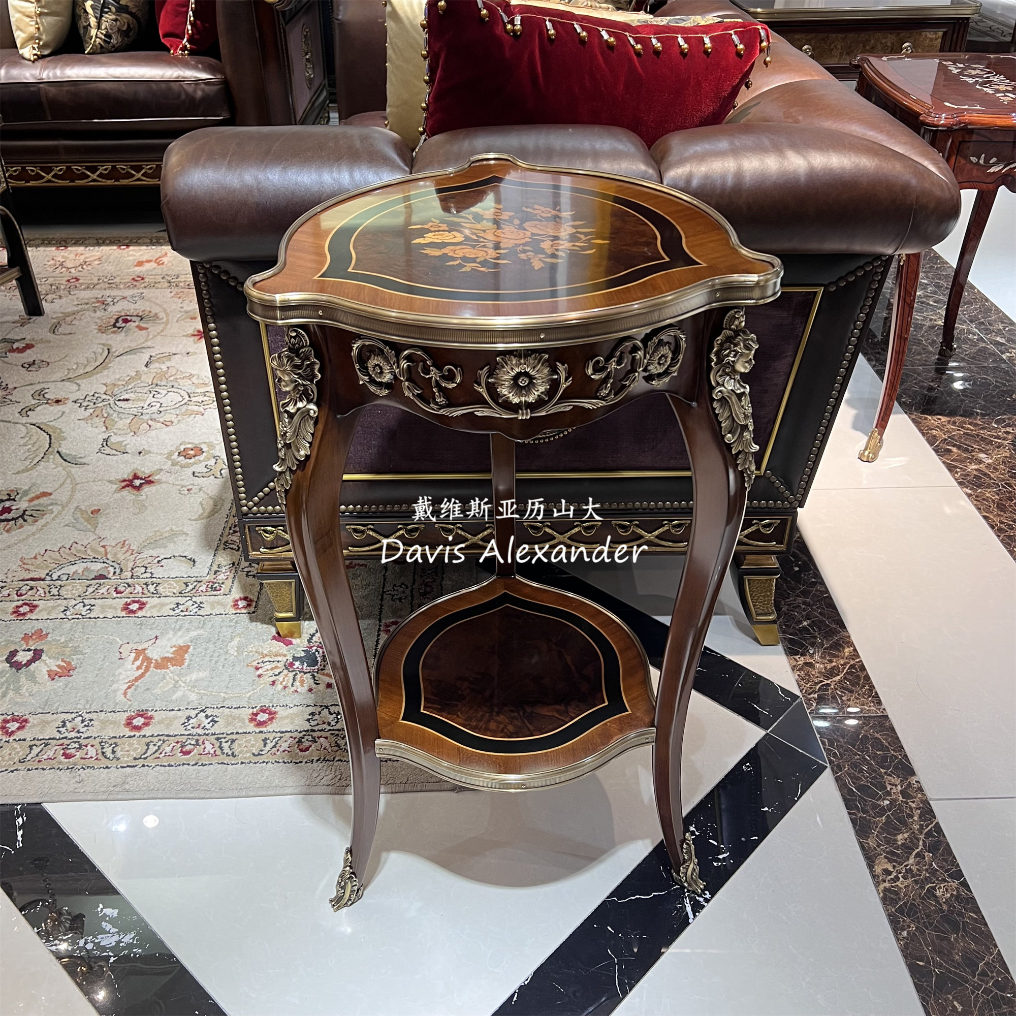 亚历山大欧式实木小茶几黄铜角几