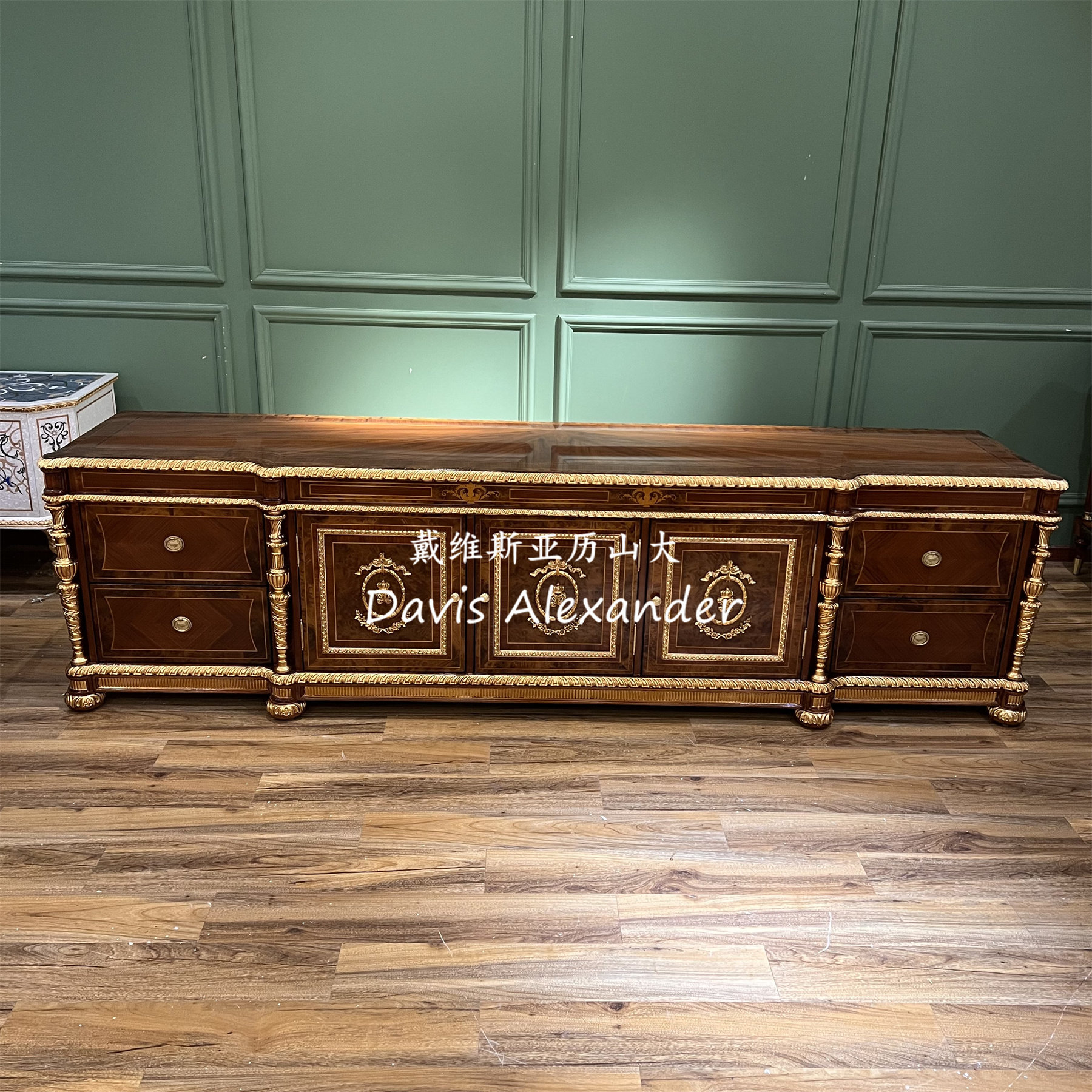 法式古典电视柜实木雕刻贴金箔做旧视听柜亚历山大欧式加大影视柜