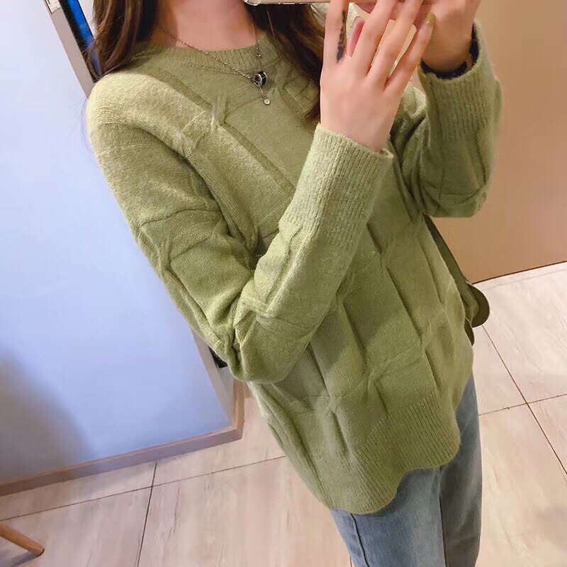 秋冬新款韩版圆领套头毛衣小清新格子纯色甜美洋气宽松休闲款上衣