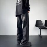 秋季美式高街拼接水男款潮牌复古阔腿直筒牛仔裤XZ302B-1-K604P50，男装牛仔裤，星座302B-1