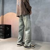 水洗做旧破洞牛仔裤男ins潮牌欧美宽松直筒长裤XZ304B-K8806P45，男装牛仔裤，星座302B-1