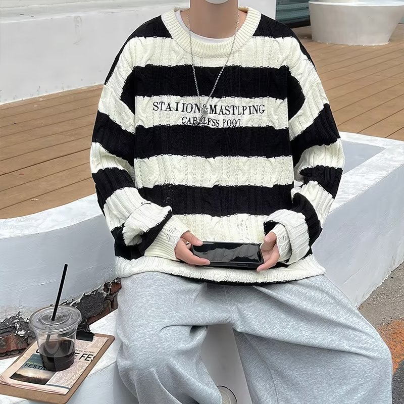 美式复古潮牌春秋内搭vintage针织衫破洞设计外套XZ304B-M158P50,男装针织衫/毛衣,星座302B-1