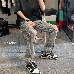 复古做旧嘻哈破洞补丁牛仔裤水洗修身小脚裤子男款XZ304B-K05P55图片