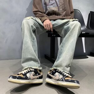 水洗做旧破洞牛仔裤男ins潮牌欧美宽松直筒长裤XZ304B-K8806P45图片