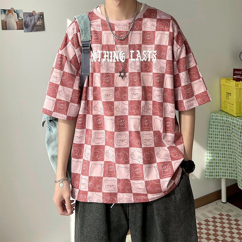 数据款港风短袖t恤男棋盘格发泡字宽松潮牌上衣XZ304B-T3112P27,男装T恤,星座302B-1