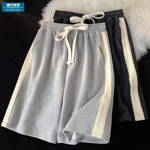 条纹4分运动短裤男夏季薄款潮牌跑步健身灰色休闲宽松五分大裤衩图片
