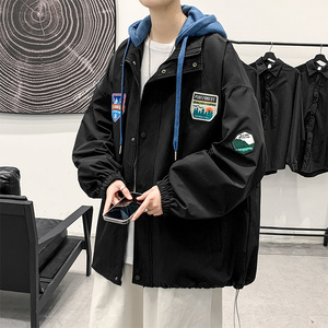 连帽外套男潮牌潮流ins字母刺绣情侣假两夹克XZ304B-JK22108-P70图片