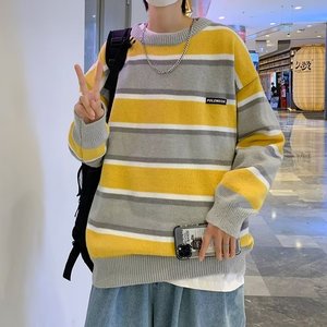 条纹休闲拼色oversize潮流个性情侣小众针织衫XZ304B-M9928P45图片