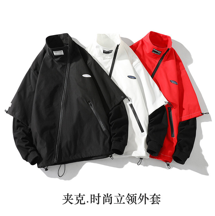 秋季假两件工装外套男斜拉链潮牌宽松飞行夹克XZ304B-JK200P60图片