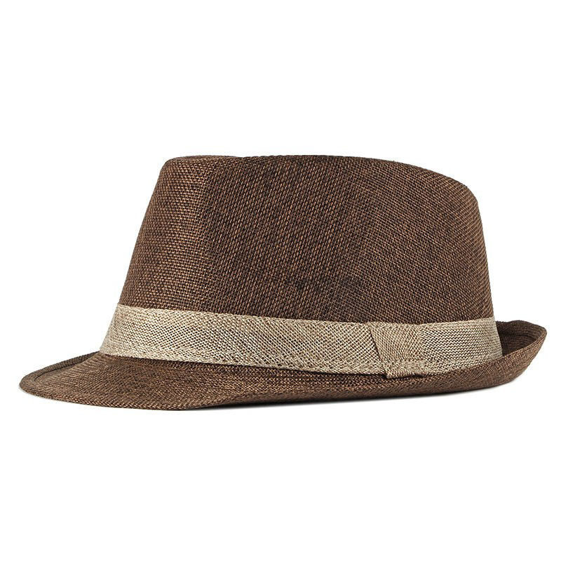 春夏天亚麻短檐礼帽男士爵士帽韩版时尚休闲防晒遮阳帽中老年爸爸