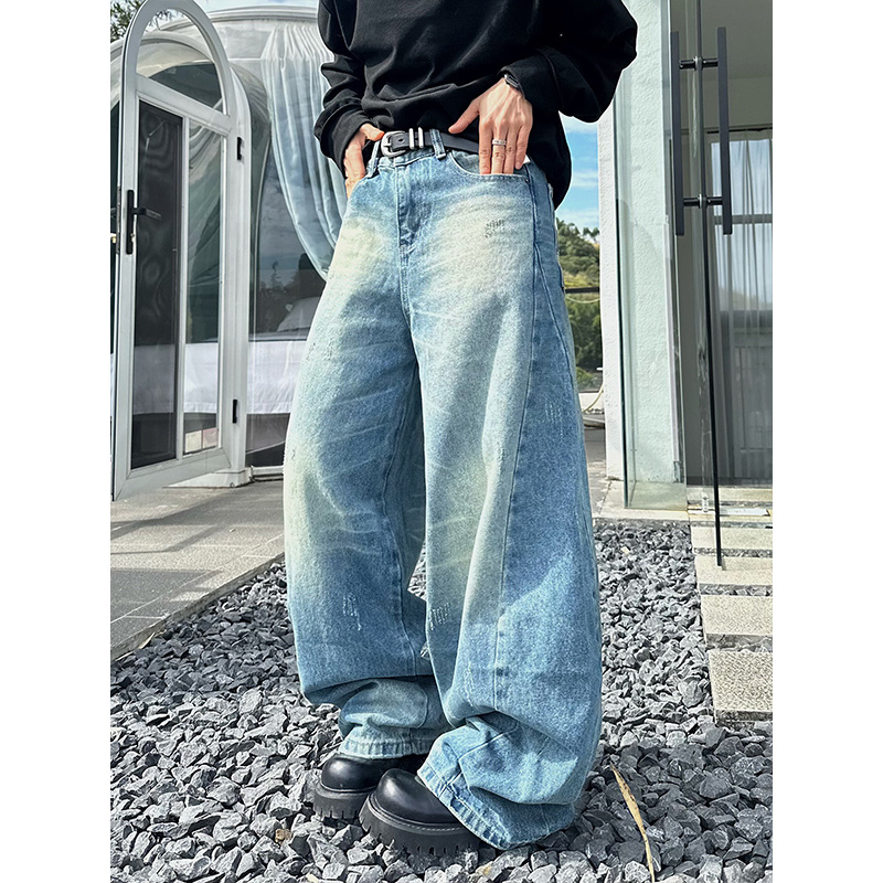 XBRO美式复古垂感做旧水洗直筒拖地刮烂显瘦男女阔腿休闲牛仔裤