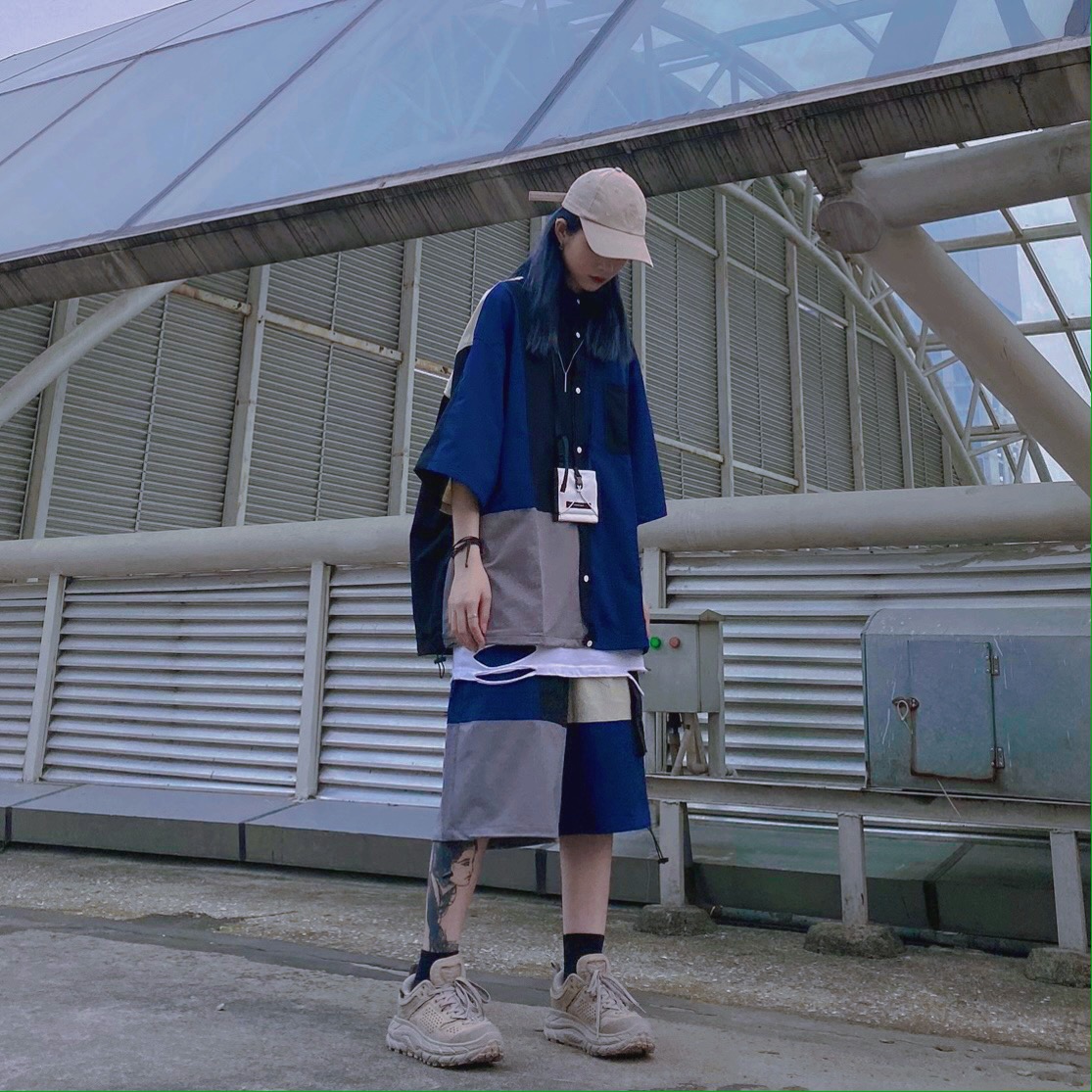 潮设计师抽绳撞色拼接解构五分裤