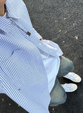 XBRO日系复古设计感清新蓝色条纹长袖衬衫春秋衬衣通勤百搭外套bf