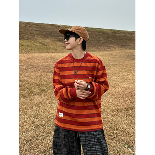 T恤 长袖 XBRO日系复古重磅350G纯棉美式 圆领宽松廓形条纹卫衣春季