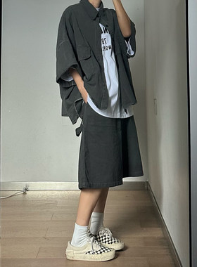 XBRO韩系氛围感慵懒套装夏季蝙蝠五分袖衬衫五分裤男女宽松两件套