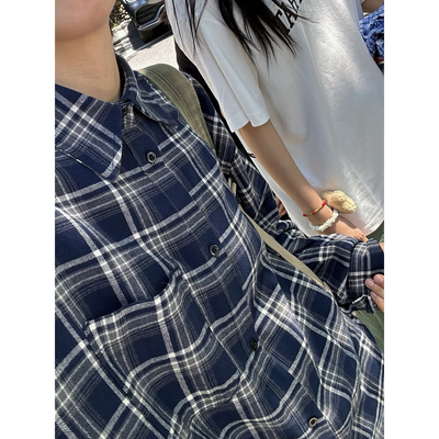 XBRO日系复古慵懒格子长袖24年秋季磨毛毛边宽松无性别格纹衬衫男