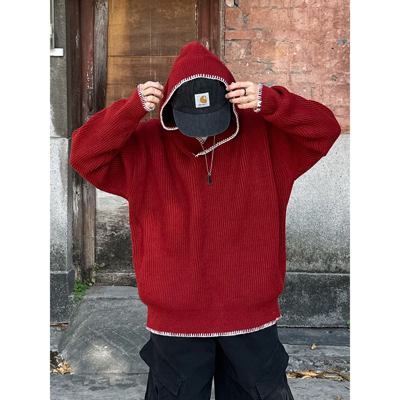 XBRO美式复古春秋撞色宽松慵懒V领套头保暖春秋红色连帽毛衣男女,男装,针织衫/毛衣,淘宝优惠券,粉丝福利购,淘宝优惠卷